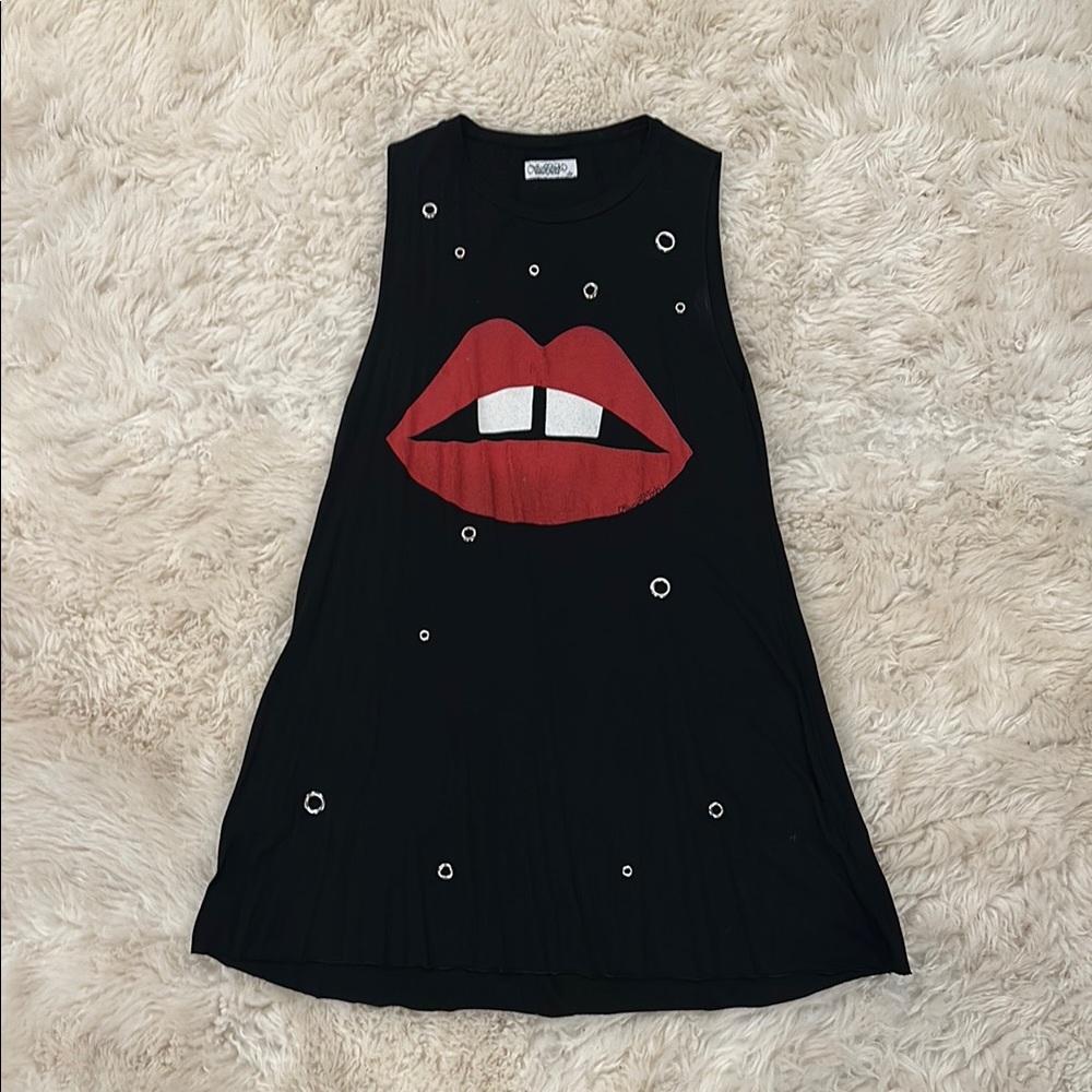 Lauren Moshi Size S Chic Black Sleeveless Dress with Red Lips Graphic